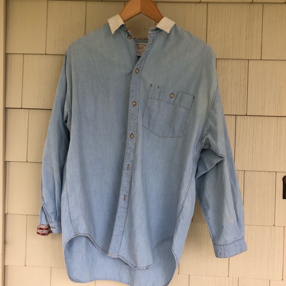 Vintage 80'-90's Calvin Klein Sport Oversized Light Denim Shirt w/Accent Trim - Picture 2 of 13